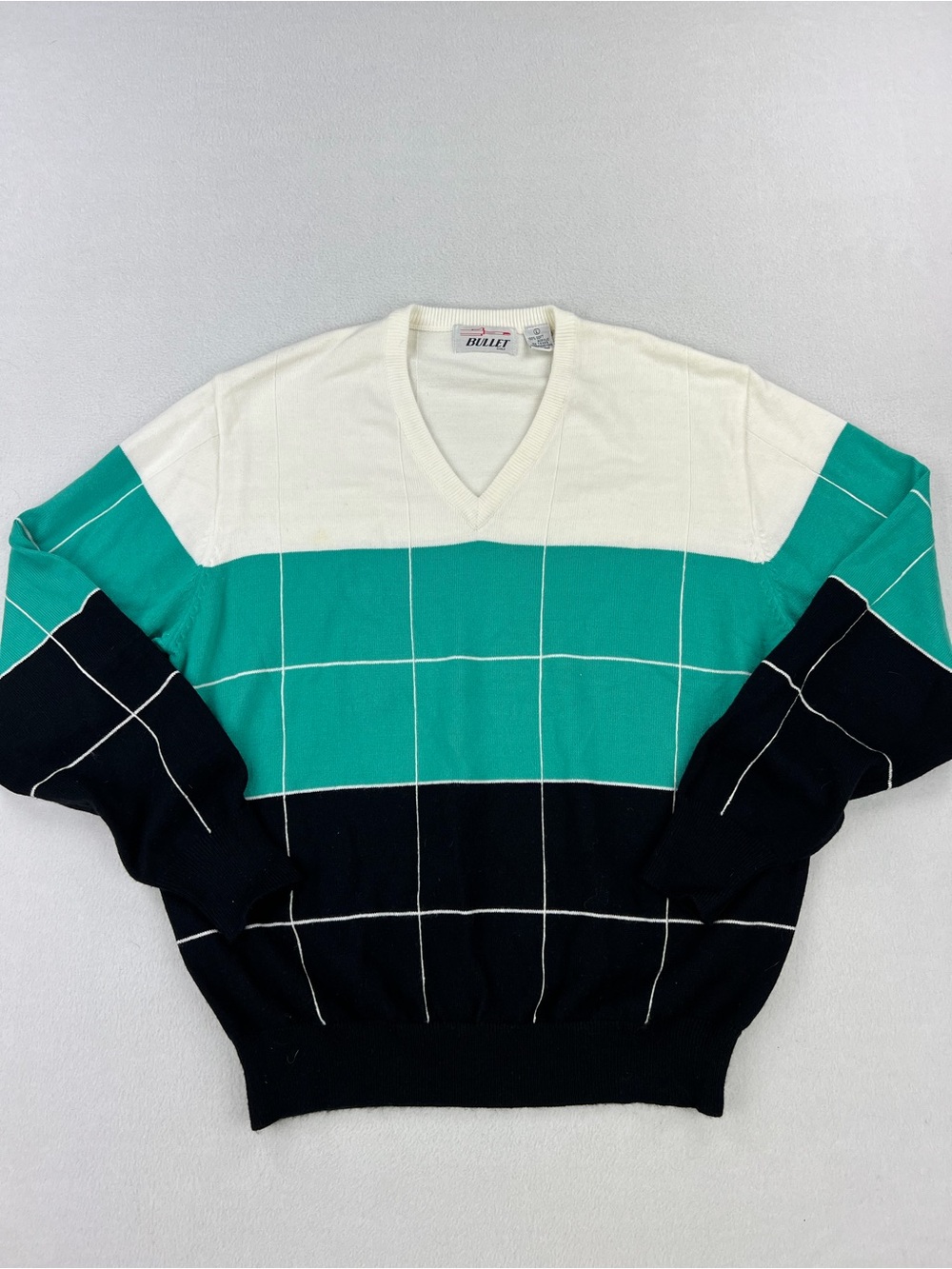Vintage 80s Bullet Golf Mens Tight Knit Color Block V-Neck Sweater Size L